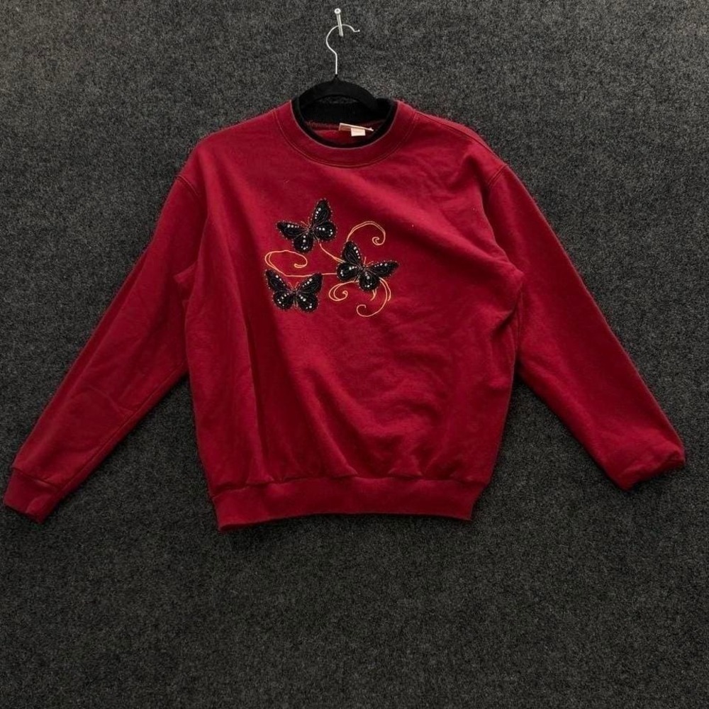 Burgundy Butterfly Embroidered Sweatshirt Women's Vintage Cottagecore Crewneck